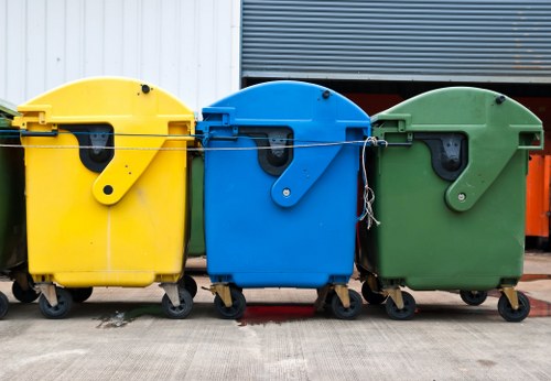 Three large wheelie bins positioned side by side on a concrete driveway in an outdoor area, with the yellow bin on the left, the blue bin in the middle, and the green bin on the right. Each bin has a textured plastic surface with a smooth finish, and is equipped with a black lid and a locking mechanism near the top. The bins are on small caster wheels at their bases, facilitating movement, and are situated against a background featuring a white metal shed or wall and a section of corrugated grey metal siding. The area appears clean and organized, suggesting it is used for rubbish or waste collection, consistent with services like those provided by Garden Clearance Hillingdon. The lighting is natural, indicating daytime, with some diffused shadows cast on the ground. The scene reflects a typical residential or commercial waste disposal setup in the Hillingdon area, highlighting the storage of general waste bins ready for collection or disposal.